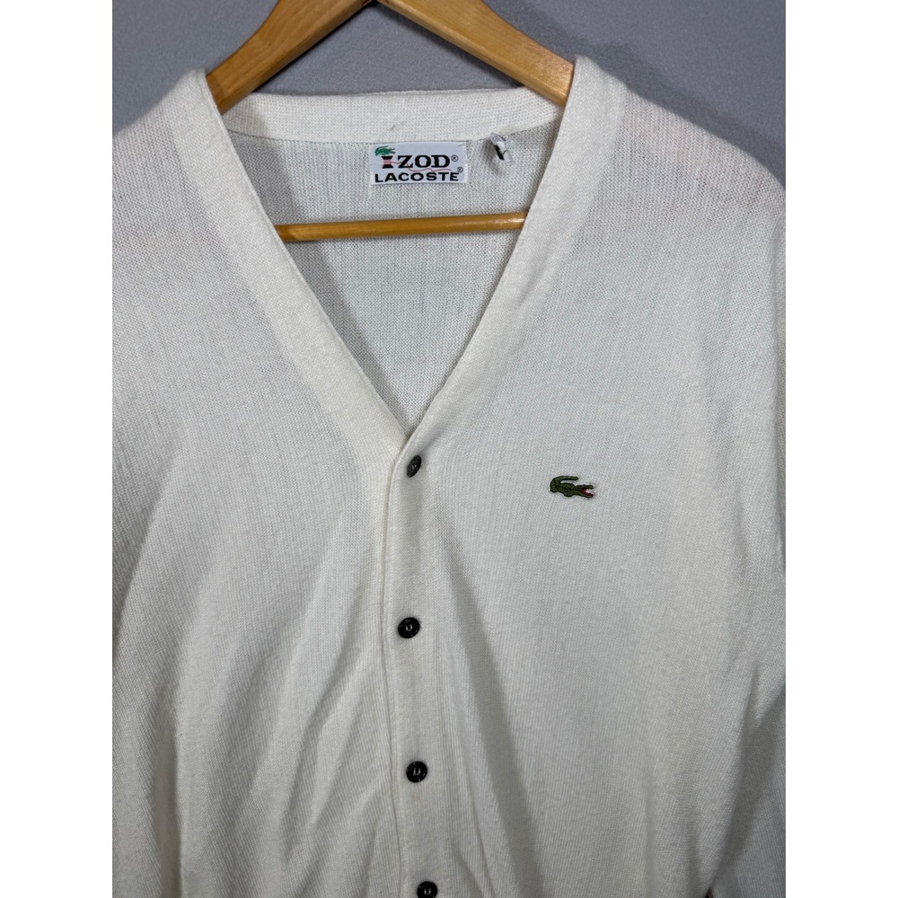 Vintage Izod Lacoste Cardigan Sweater Mens Large White Orlon Acrylic V-Neck 70s